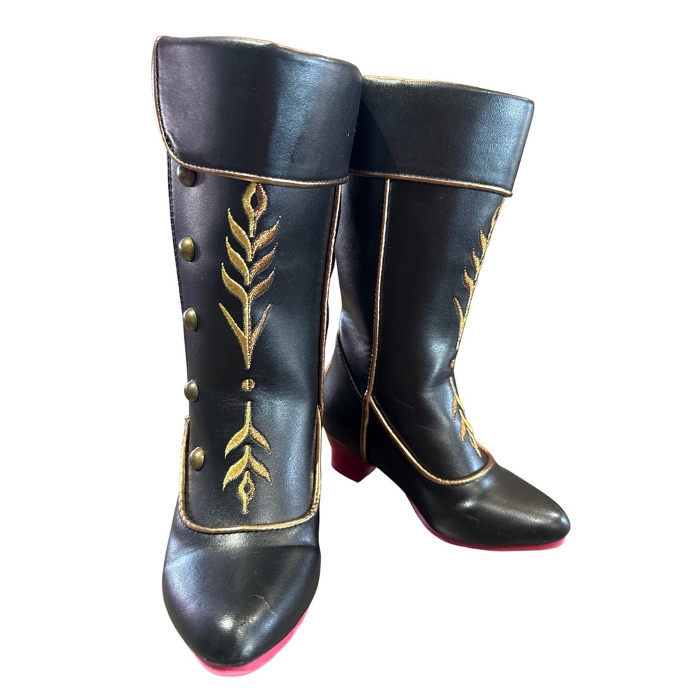 Disney Anna Frozen 2 Black Gold Embroidery Studs Boots Kids 7-8 Great Condition